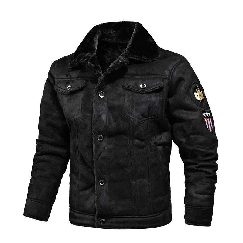 Men's Faux Fur Collar Jacket | Multi-Pocket Coat - Black