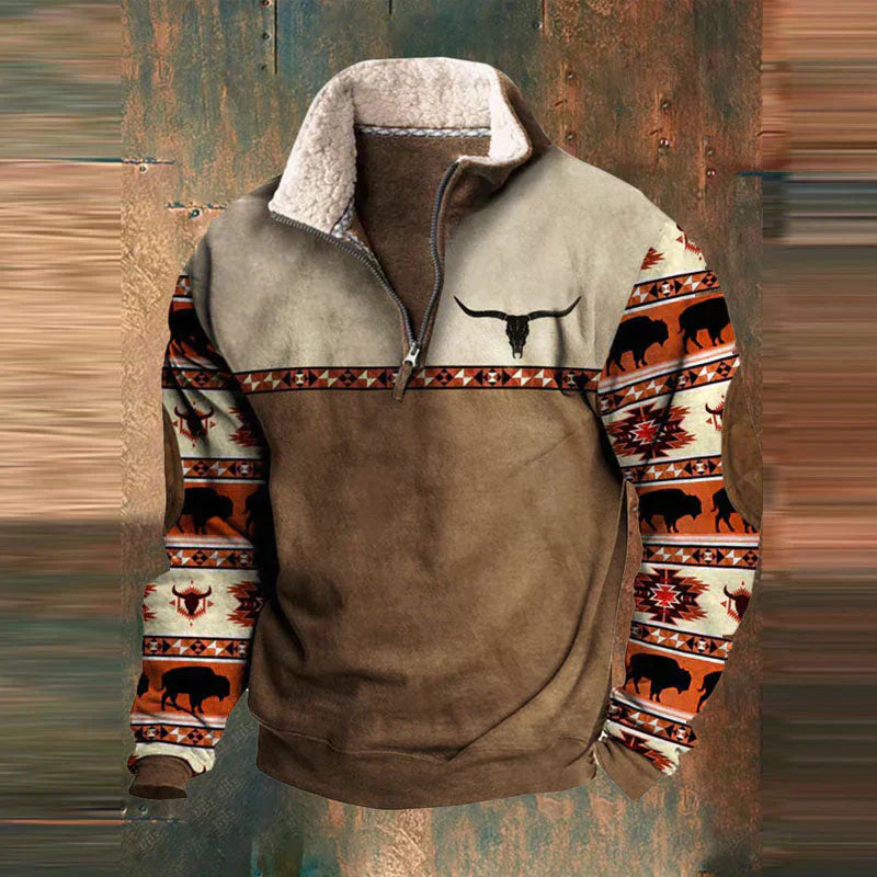 Men's Sweater with Zip Collar | Vintage Casual Knit - Dark Brown