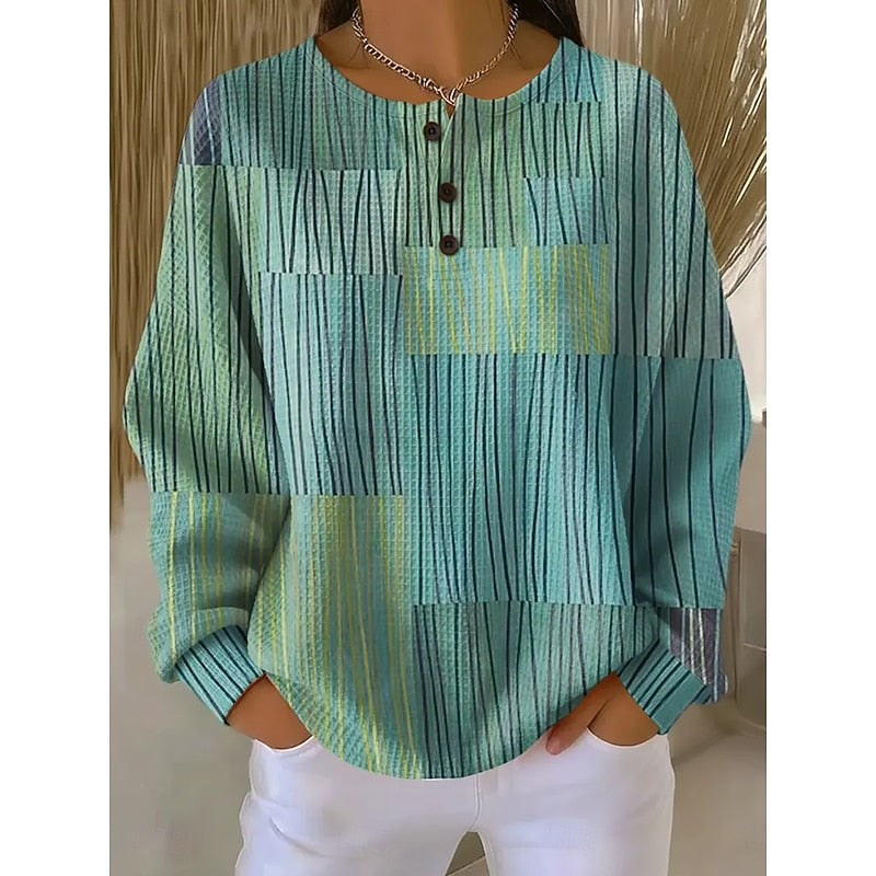 Women's Button-Neck Print Sweatshirt | Crew Neck Pullover - Green