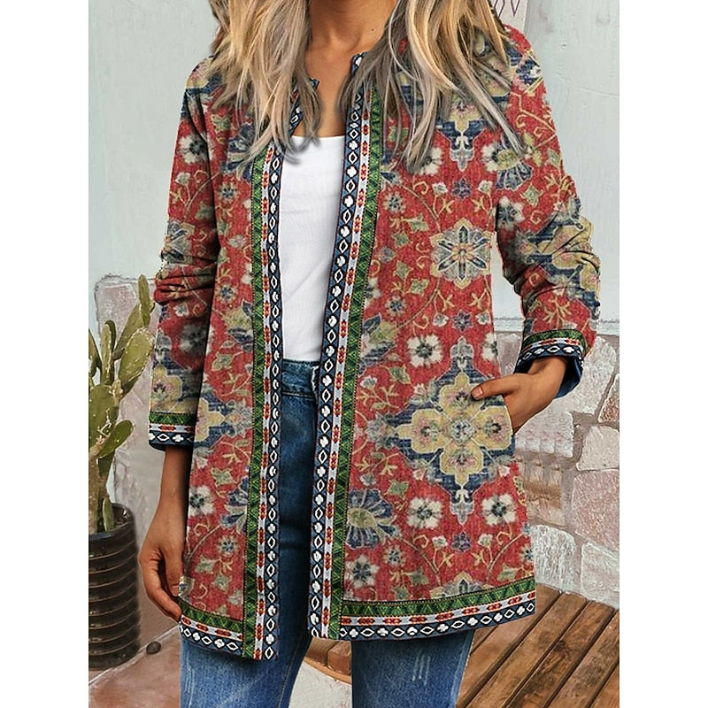Women's Jackets | Open-Front Patterned Design - Red