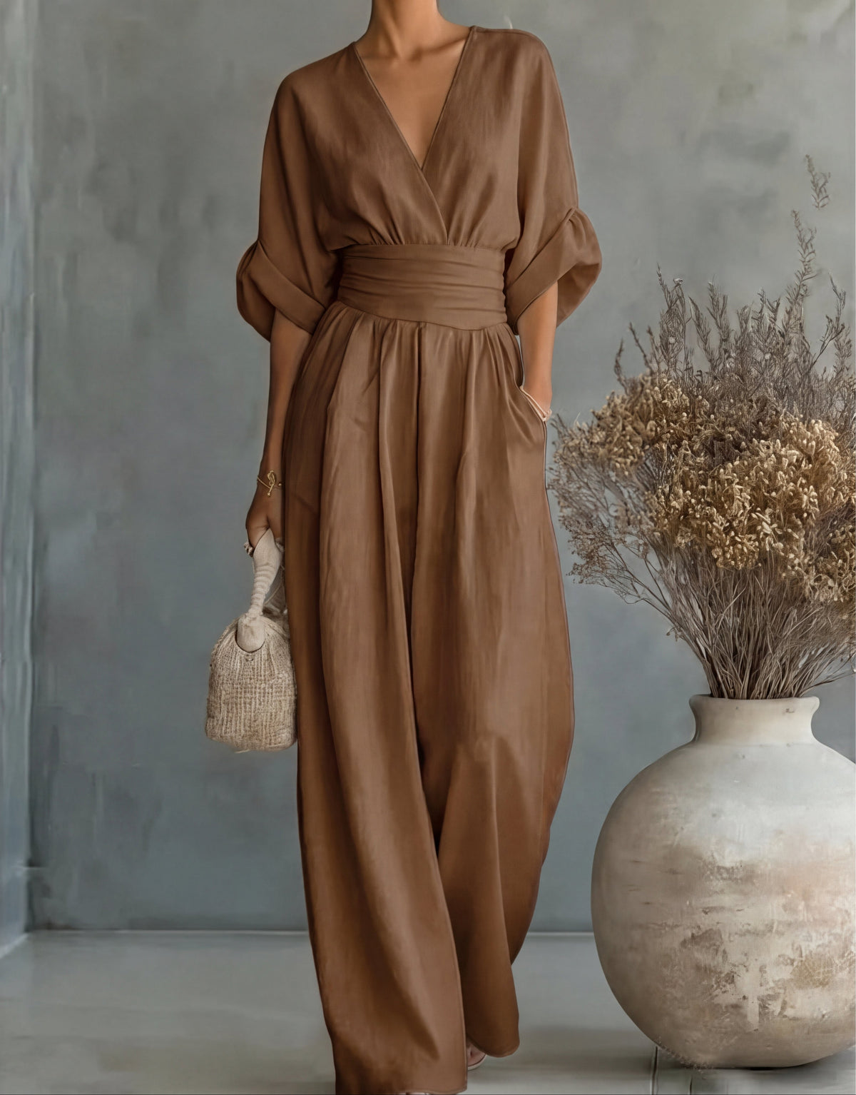 Women's Jumpsuit Casual | V-Neck Wide-Leg One-Piece - Brown