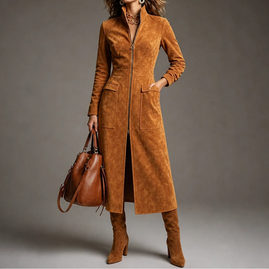 Women's Long Coat with Stand Collar | Oversized Knit - Camel