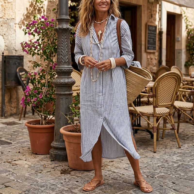Women's Striped Button Front Shirt | Casual Dress - Light Gray