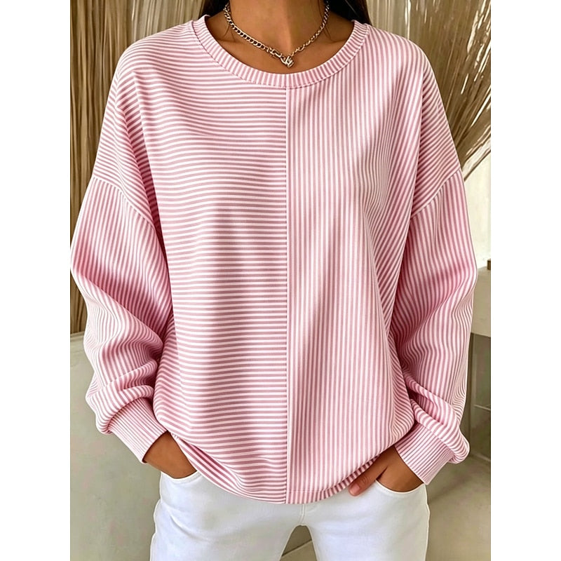 Women's Sweatshirt | Relaxed Striped Crew Neck - Pink