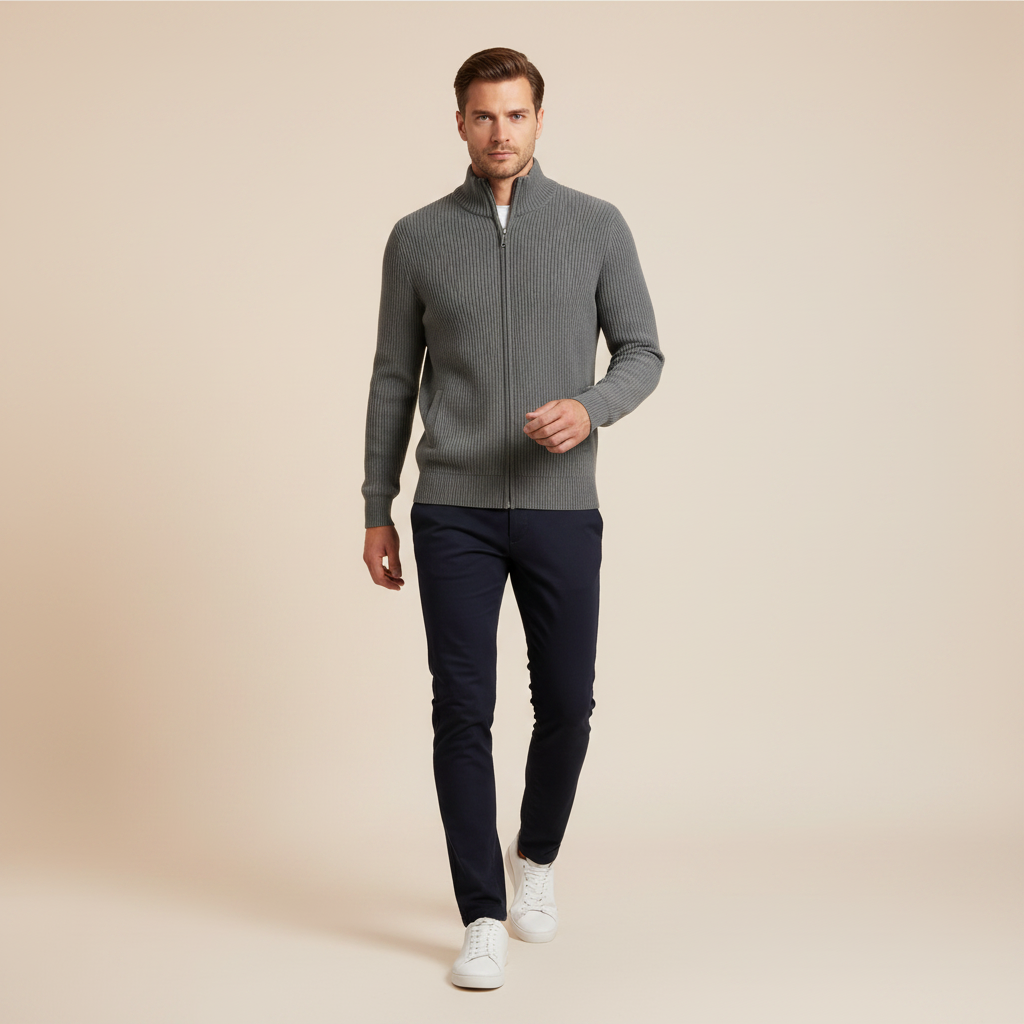 Men's Slim Fit Zip Up Cardigan | Ribbed Knit Sweater