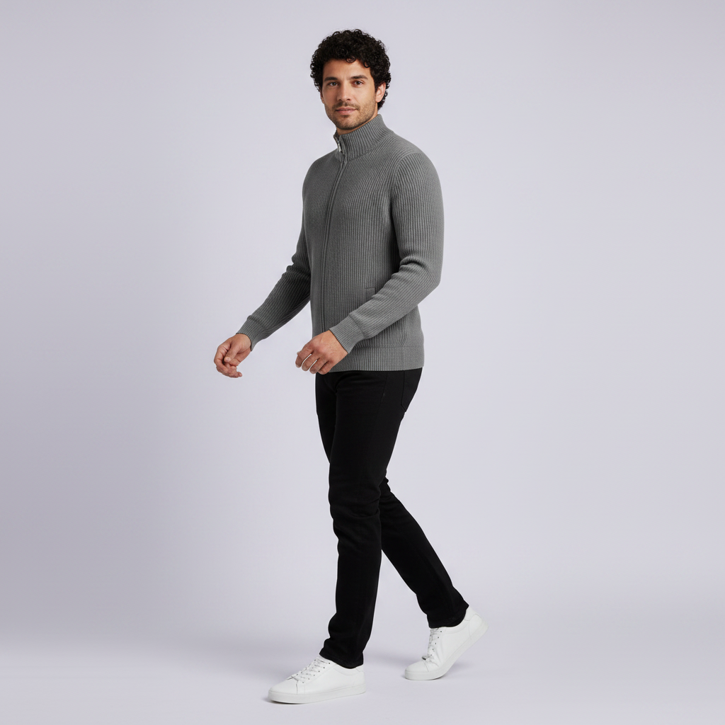 Men's Slim Fit Zip Up Cardigan | Ribbed Knit Sweater