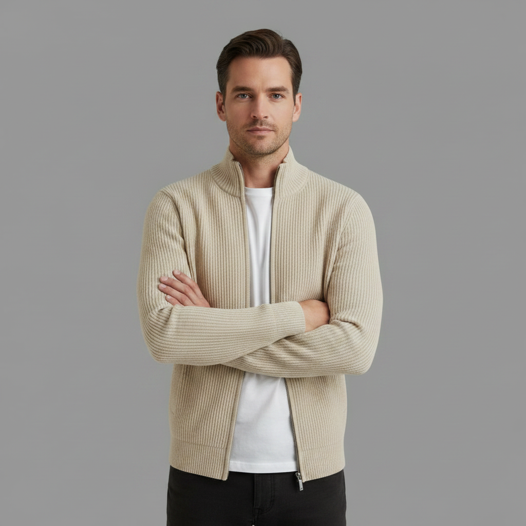 Men's Slim Fit Zip Up Cardigan | Ribbed Knit Sweater