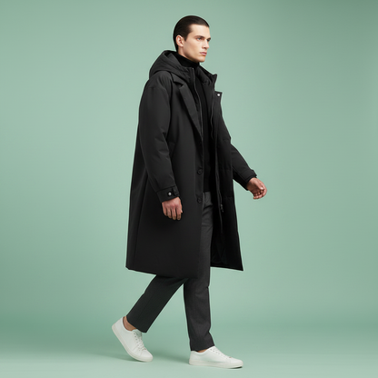 Men's Waterproof Puffer Trench Coat | Long Hooded Jacket