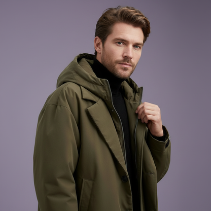 Men's Waterproof Puffer Trench Coat | Long Hooded Jacket