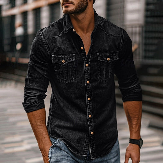 Men's Button-Up Shirt with Chest Pockets | Casual Shirts - Black