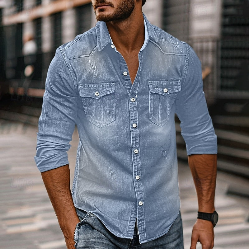Men's Button-Up Shirt with Chest Pockets | Casual Shirts - Blue