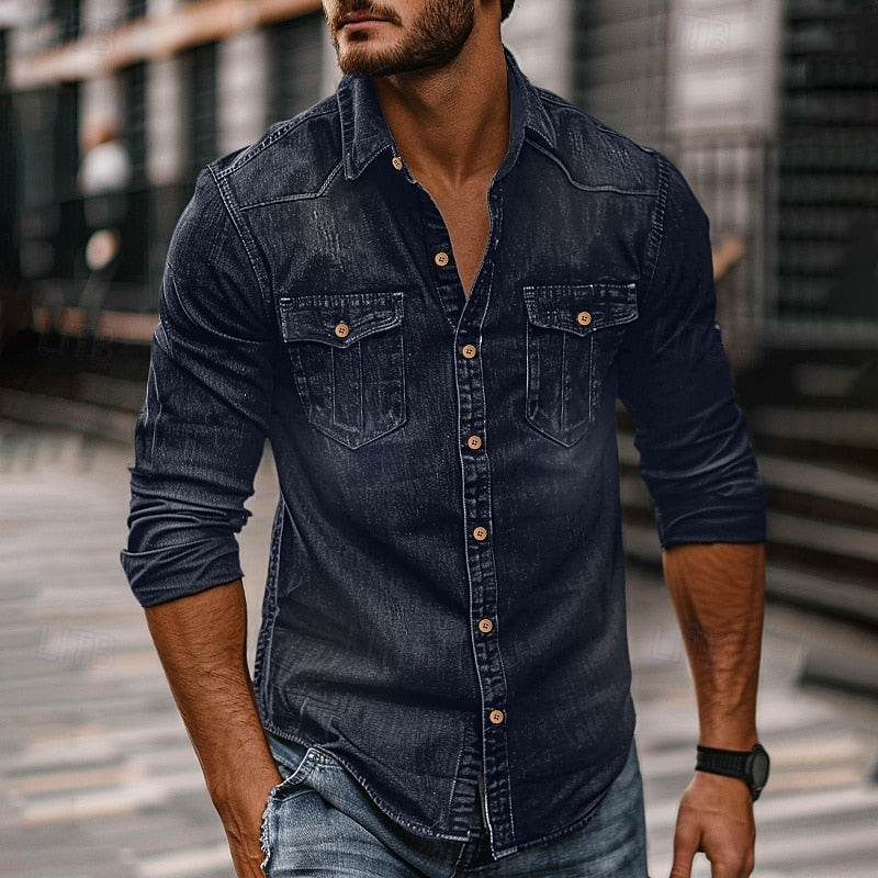 Men's Button-Up Shirt with Chest Pockets | Casual Shirts - Dark Navy