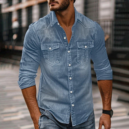 Men's Button-Up Shirt with Chest Pockets | Casual Shirts - Denim Blue