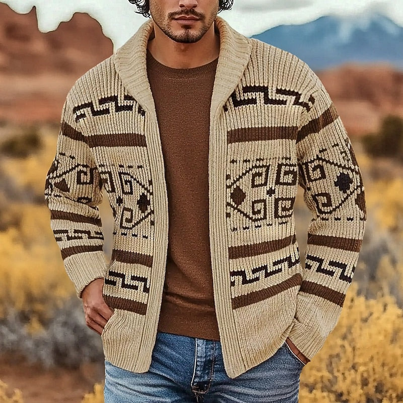 Men's Cardigan Sweater | Patterned Zip Cardigan - Khaki