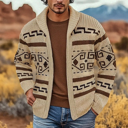 Men's Cardigan Sweater | Patterned Zip Cardigan - Khaki