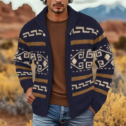 Men's Cardigan Sweater | Patterned Zip Cardigan - Navy Blue