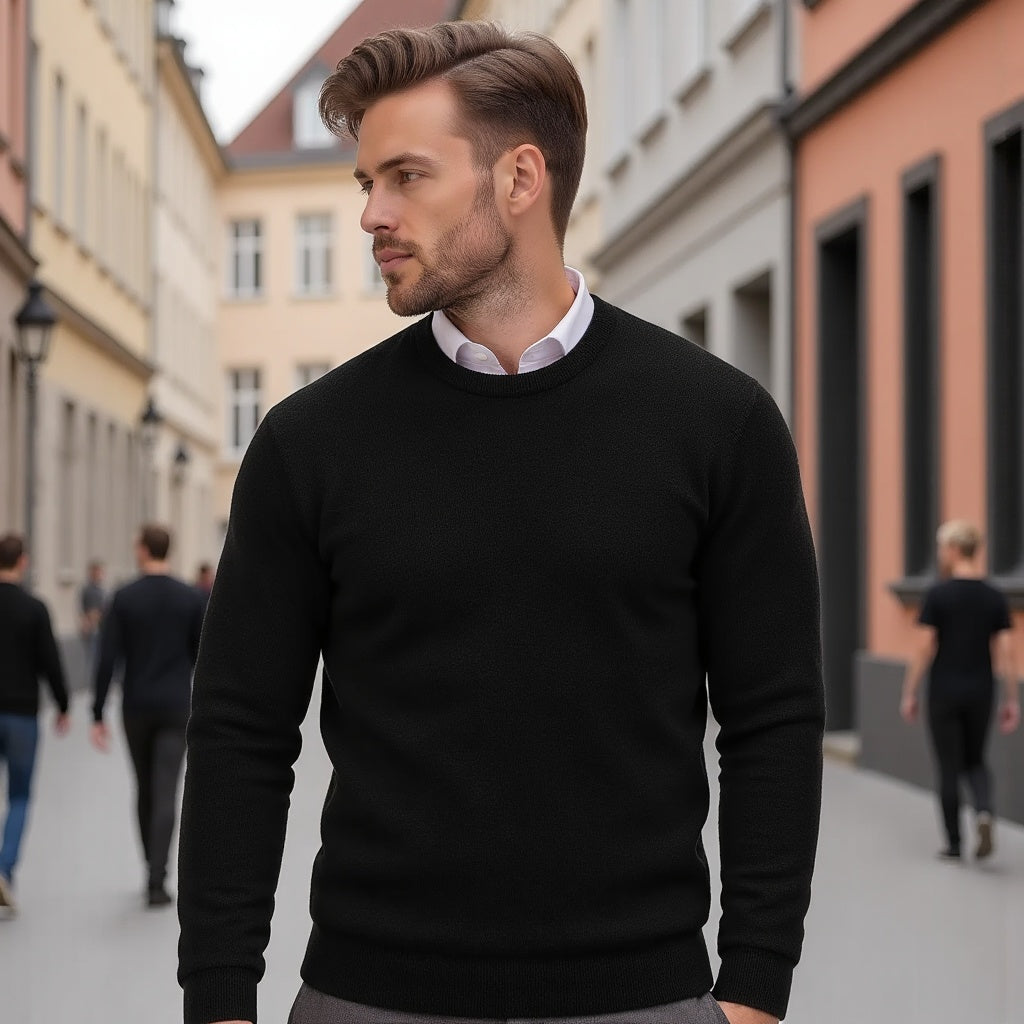 Men's Crew Neck Sweater | Long Sleeve Solid Knit - Black