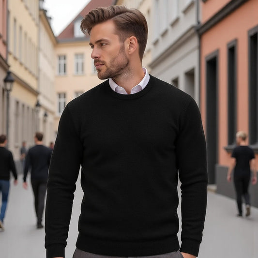 Men's Crew Neck Sweater | Long Sleeve Solid Knit - Black