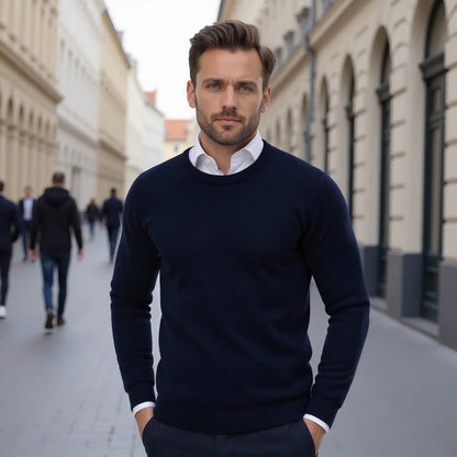 Men's Crew Neck Sweater | Long Sleeve Solid Knit - Blue