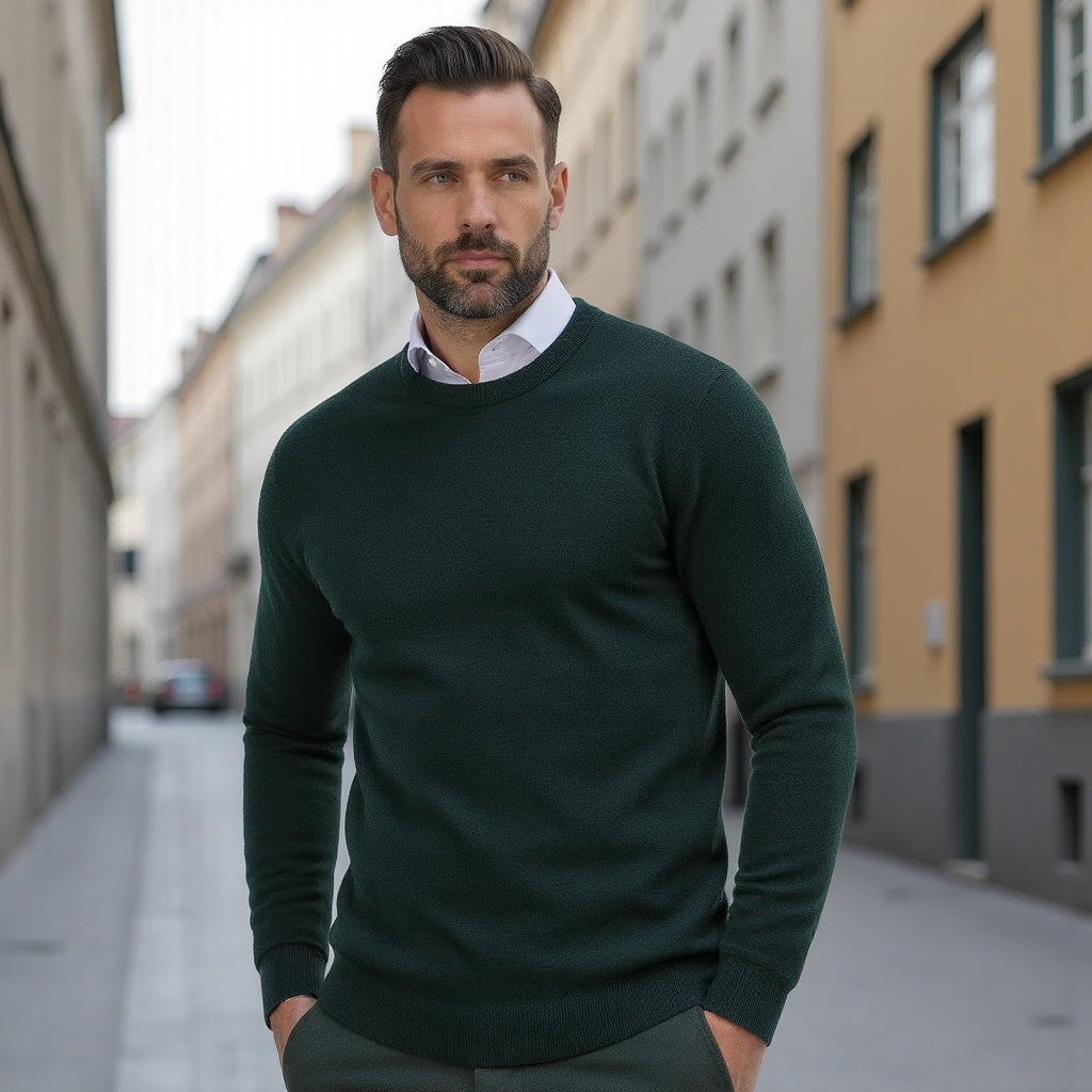 Men's Crew Neck Sweater | Long Sleeve Solid Knit - Green