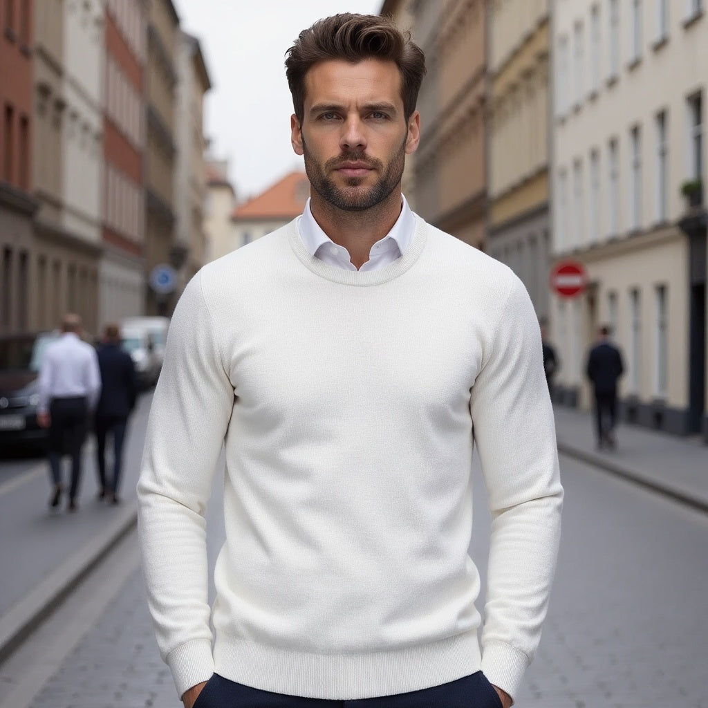 Men's Crew Neck Sweater | Long Sleeve Solid Knit - White