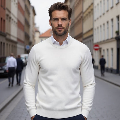 Men's Crew Neck Sweater | Long Sleeve Solid Knit - White