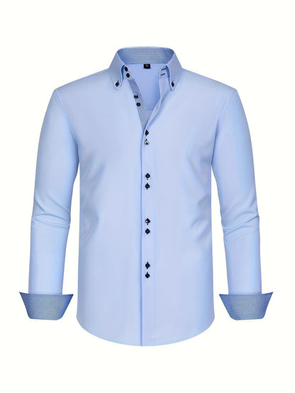 Men's Double-Breasted Dress Shirt | Contrast Cuff Button-Up - Blue