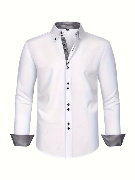 Men's Double-Breasted Dress Shirt | Contrast Cuff Button-Up - White