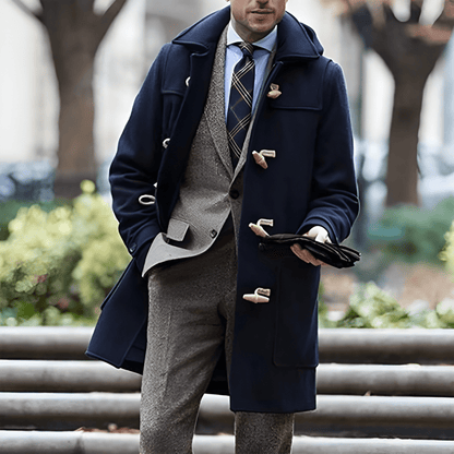 Men's Duffle Coat with Wood Toggle Buttons | Long Classic Coat - Blue