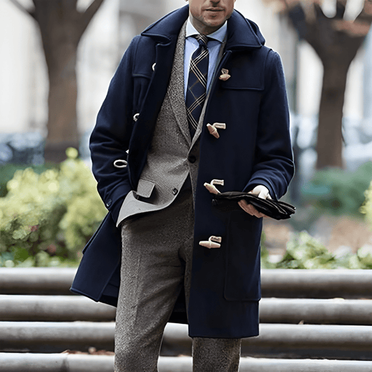 Men's Duffle Coat with Wood Toggle Buttons | Long Classic Coat - Blue