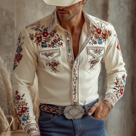 Men's Embroidered Western Shirt | Floral Button-Up - Beige