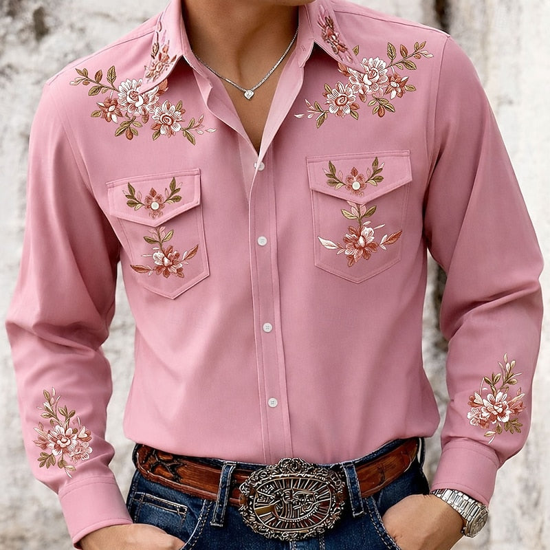Men's Embroidered Western Shirt | Floral Button-Up - Pink