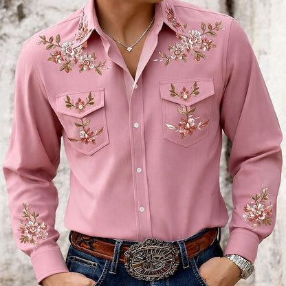 Men's Embroidered Western Shirt | Floral Button-Up - Pink