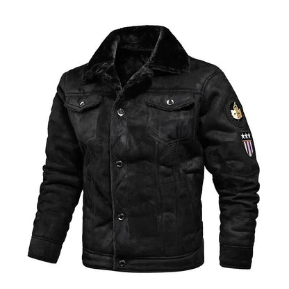 Men's Faux Fur Collar Jacket | Multi-Pocket Coat - Black