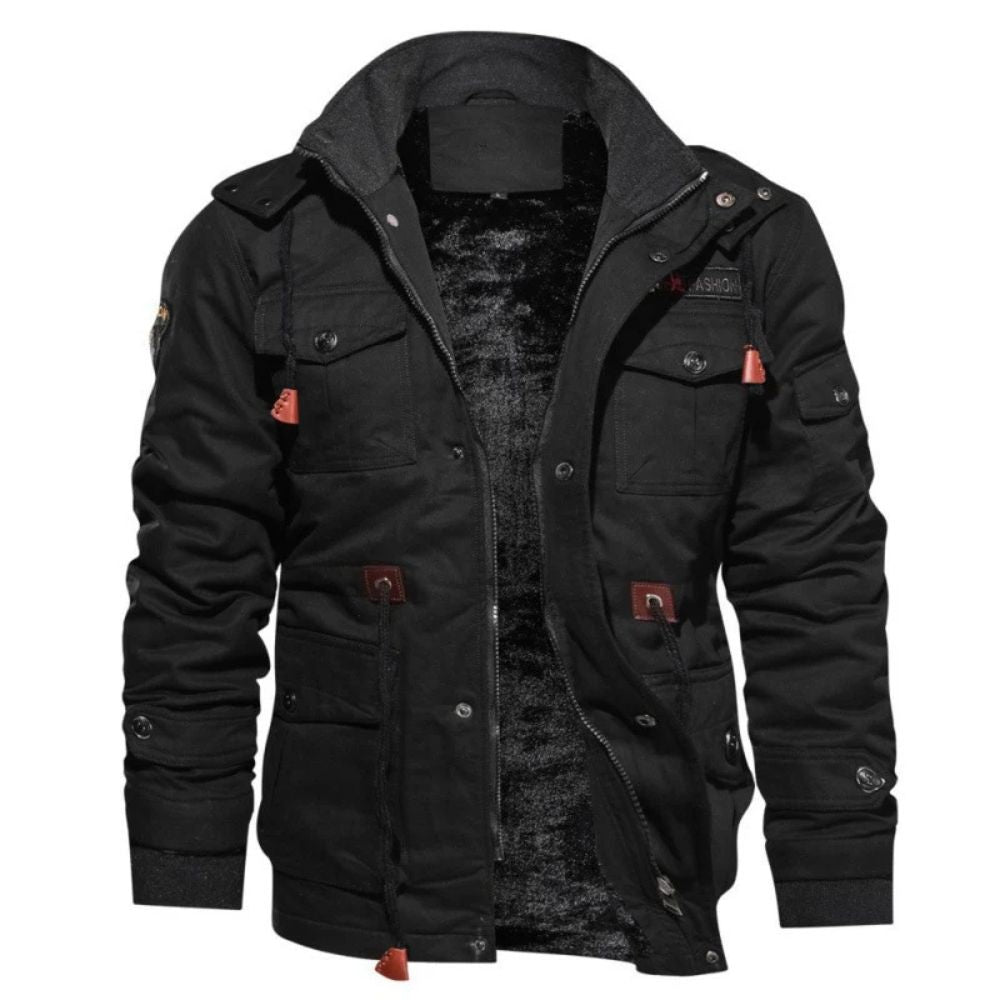 Men's Faux Fur Lined Jacket | Zip-Front Coat with Snap Closure - Black