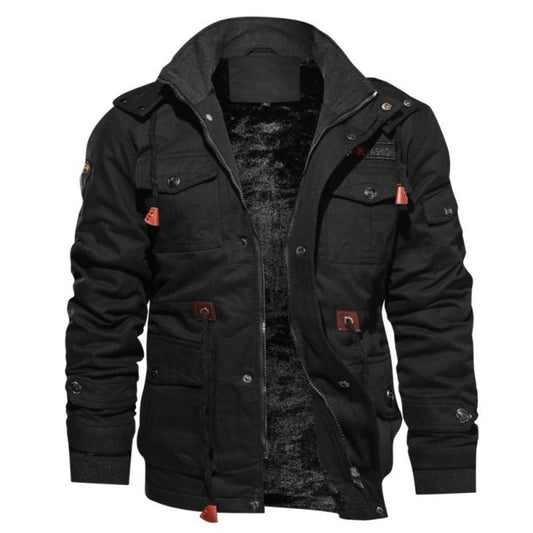 Men's Faux Fur Lined Jacket | Zip-Front Coat with Snap Closure - Black