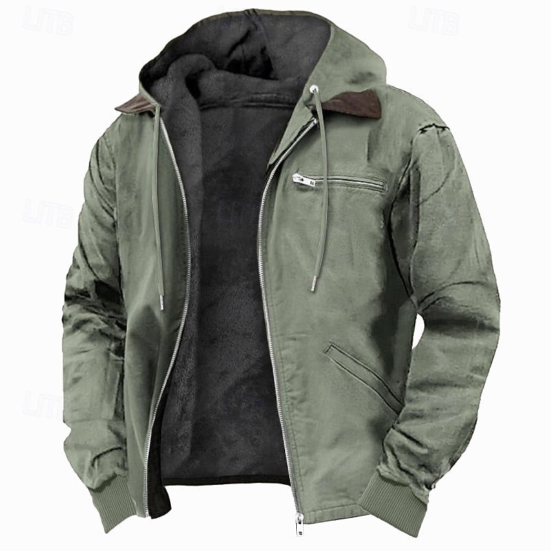 Men's Fleece Lined Hooded Jacket | Plush Fleece Jacket - Army Green