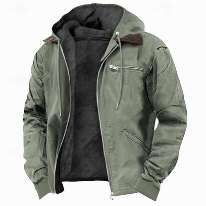 Men's Fleece Lined Hooded Jacket | Plush Fleece Jacket - Army Green