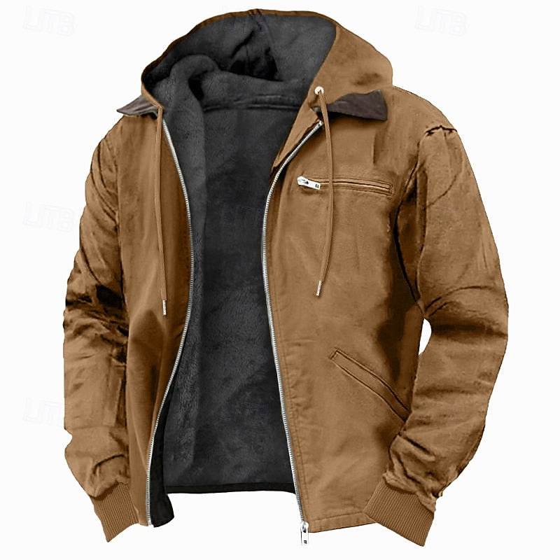Men's Fleece Lined Hooded Jacket | Plush Fleece Jacket - Brown