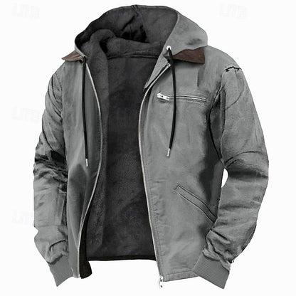 Men's Fleece Lined Hooded Jacket | Plush Fleece Jacket - Gray