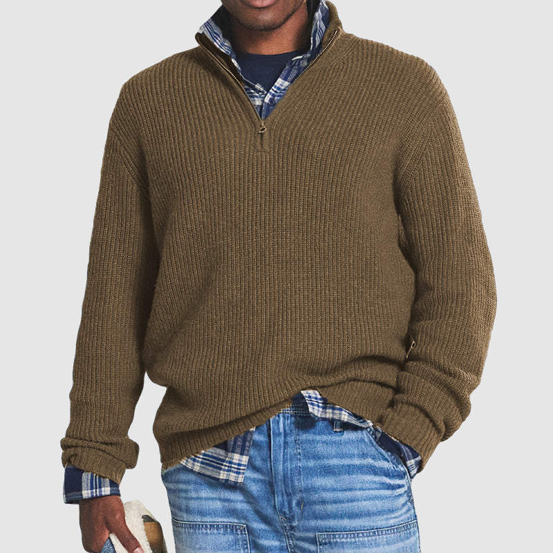 Men's Half-Zip Sweater | Casual Pullover Knit - Brown