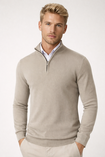 Men's Half-Zip Sweater | Crewneck Knit Pullover - Beige