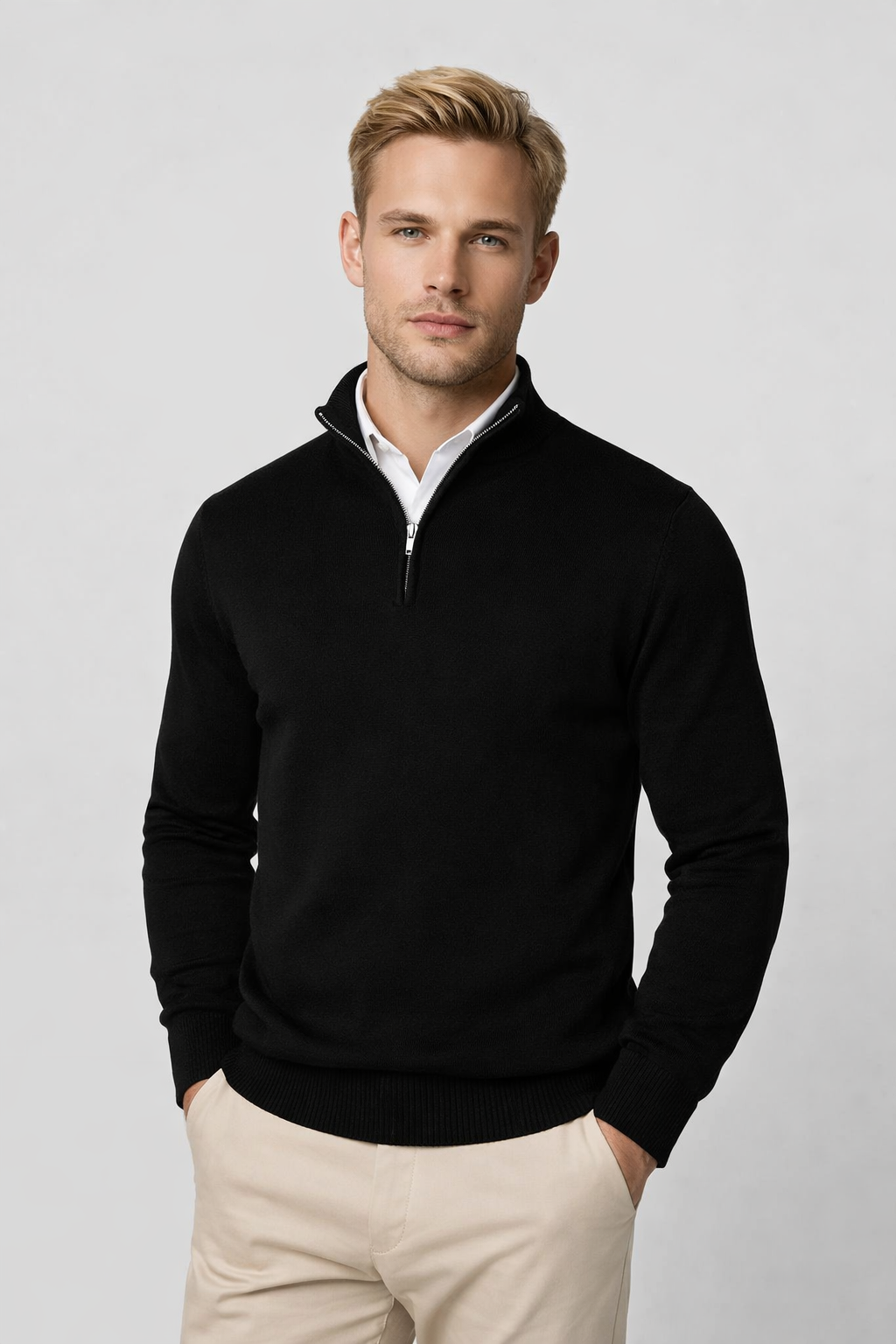 Men's Half-Zip Sweater | Crewneck Knit Pullover - Black