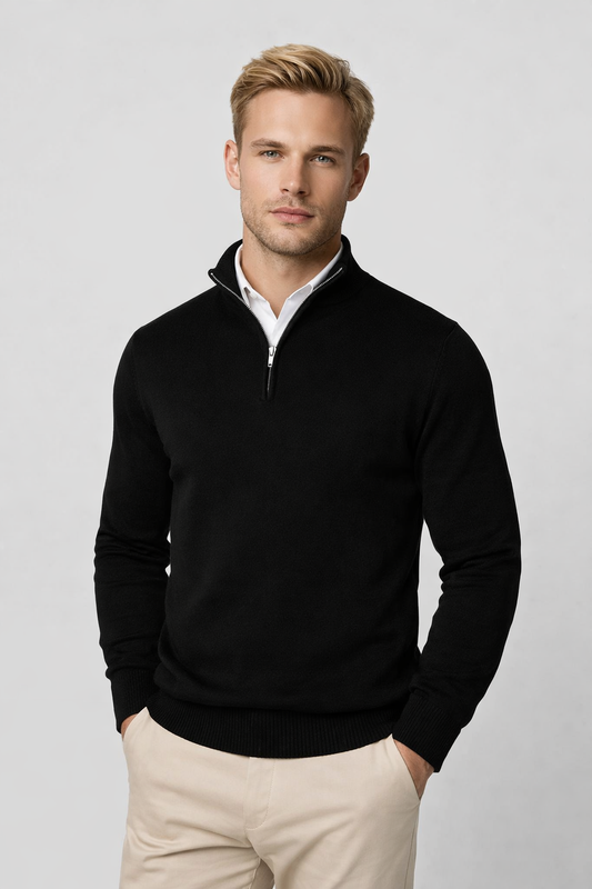 Men's Half-Zip Sweater | Crewneck Knit Pullover - Black