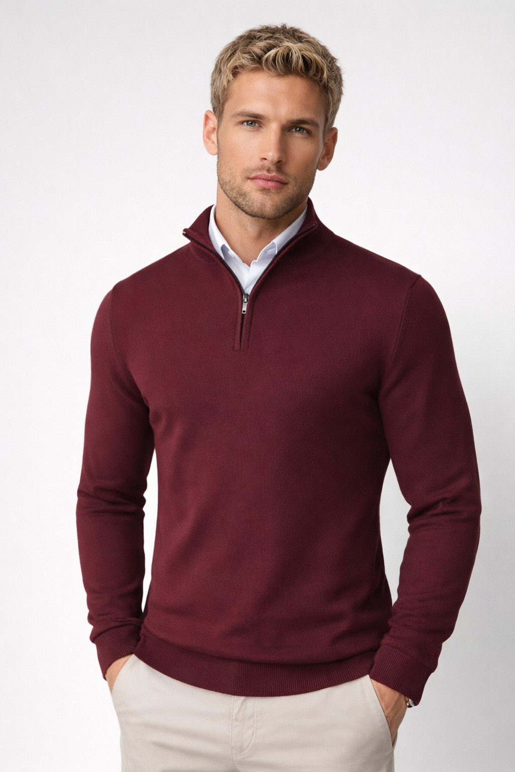 Men's Half-Zip Sweater | Crewneck Knit Pullover - Red
