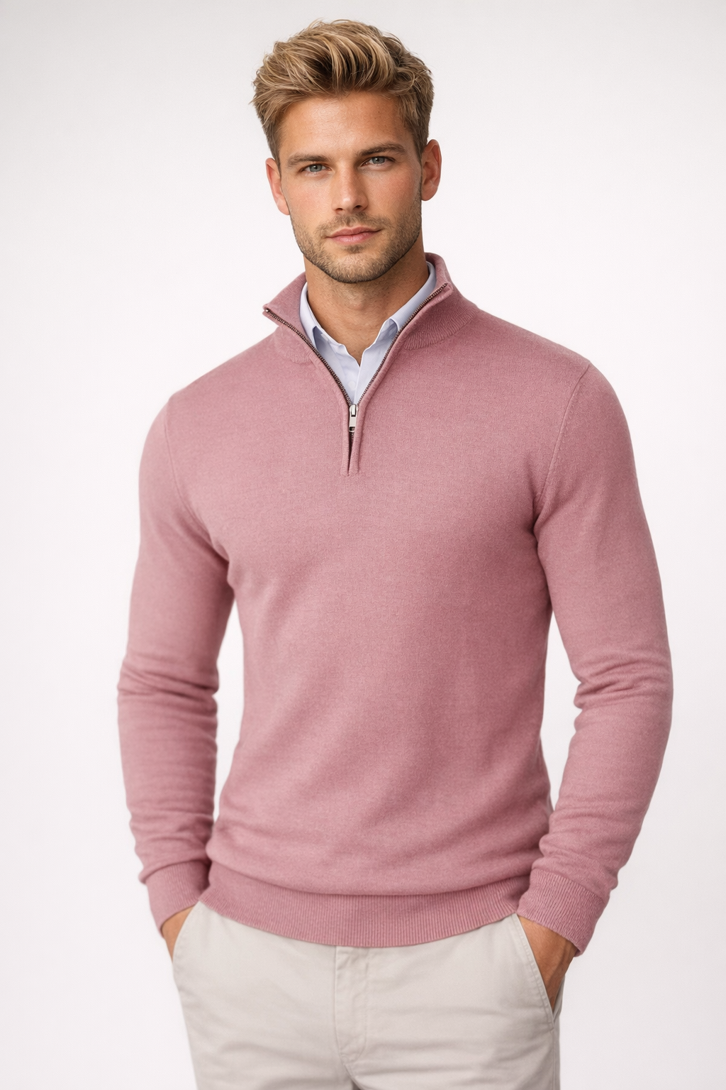Men's Half-Zip Sweater | Crewneck Knit Pullover - Rose