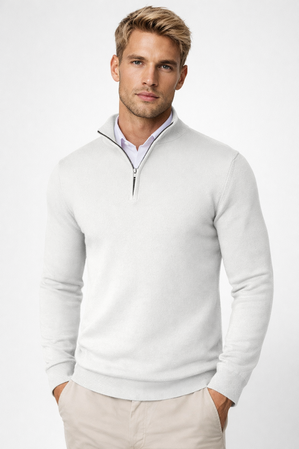 Men's Half-Zip Sweater | Crewneck Knit Pullover - White