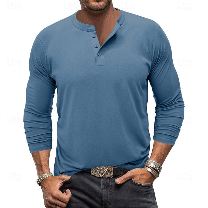 Men's Henley Shirt | Casual Long Sleeve Button-Up - Blue