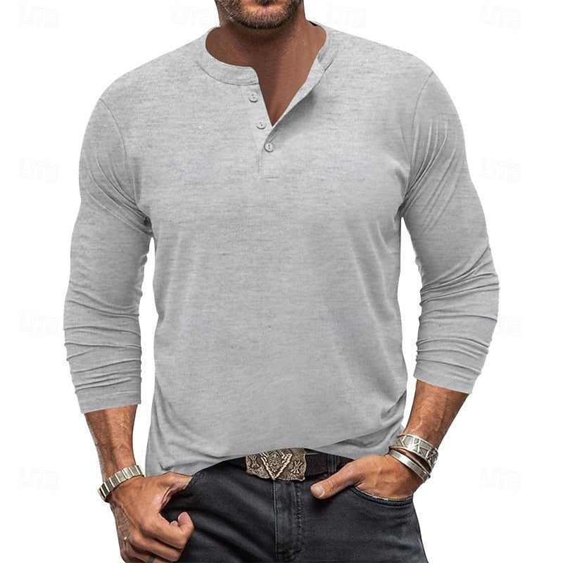 Men's Henley Shirt | Casual Long Sleeve Button-Up - Light Grey