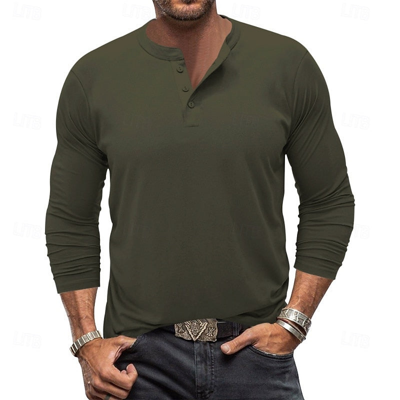 Men's Henley Shirt | Casual Long Sleeve Button-Up - Military Green
